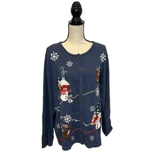 Vintage Bechamel Not Ugly Christmas Cardigan Sweater Blue Snowmen Reindeer 2XL
